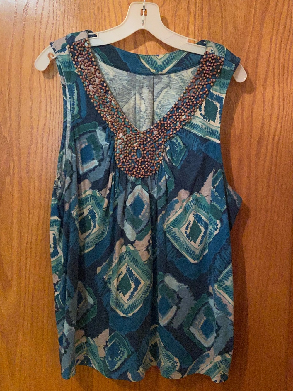 Sleeveless Beaded V-Neck Tank Top - Teal Blue Print - Size 1X